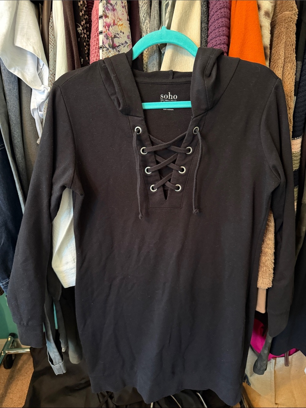 New York & Company Black Long Sleeve Lace-Up Hoodie Dress